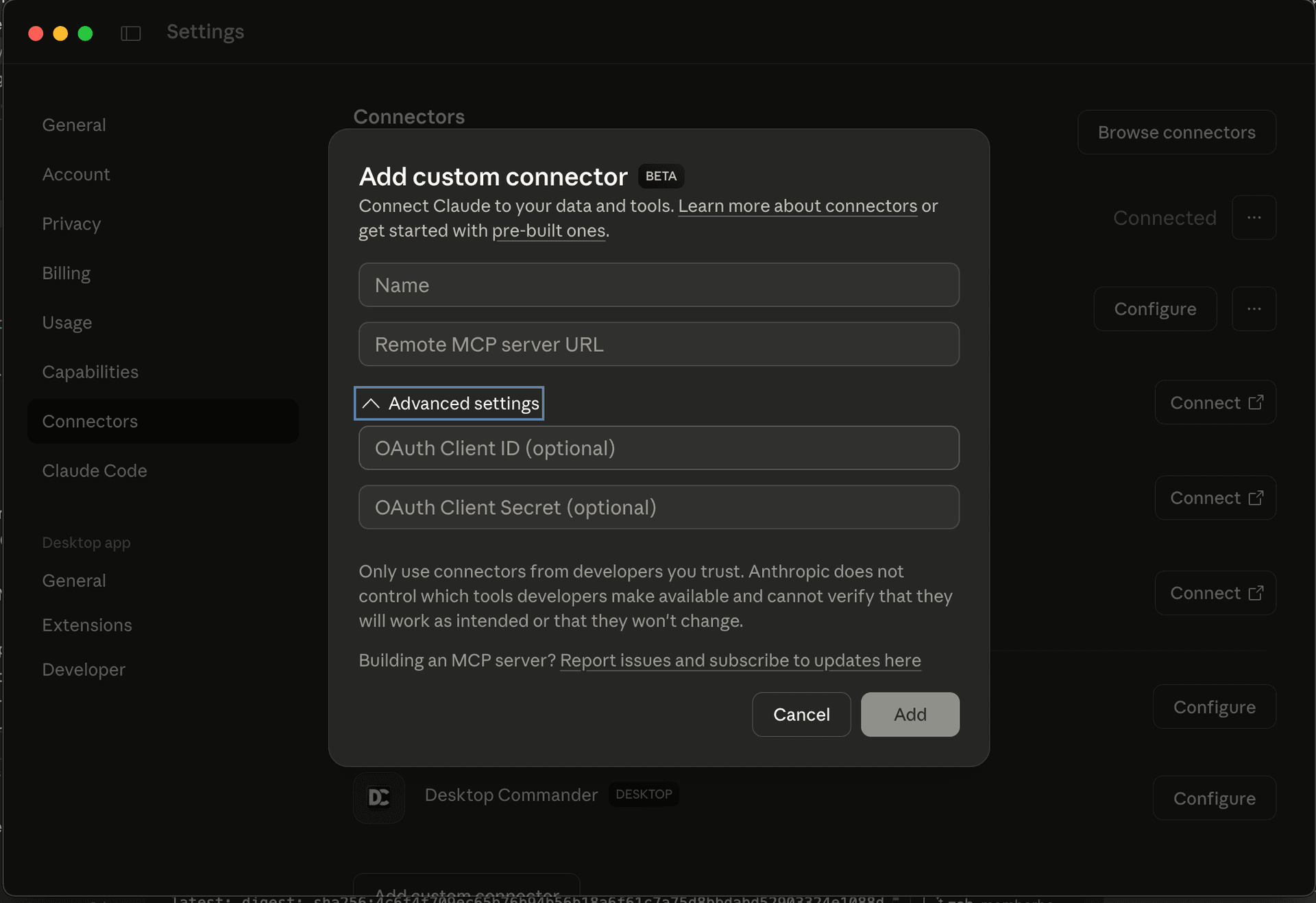 OAuth configuration in Claude Desktop